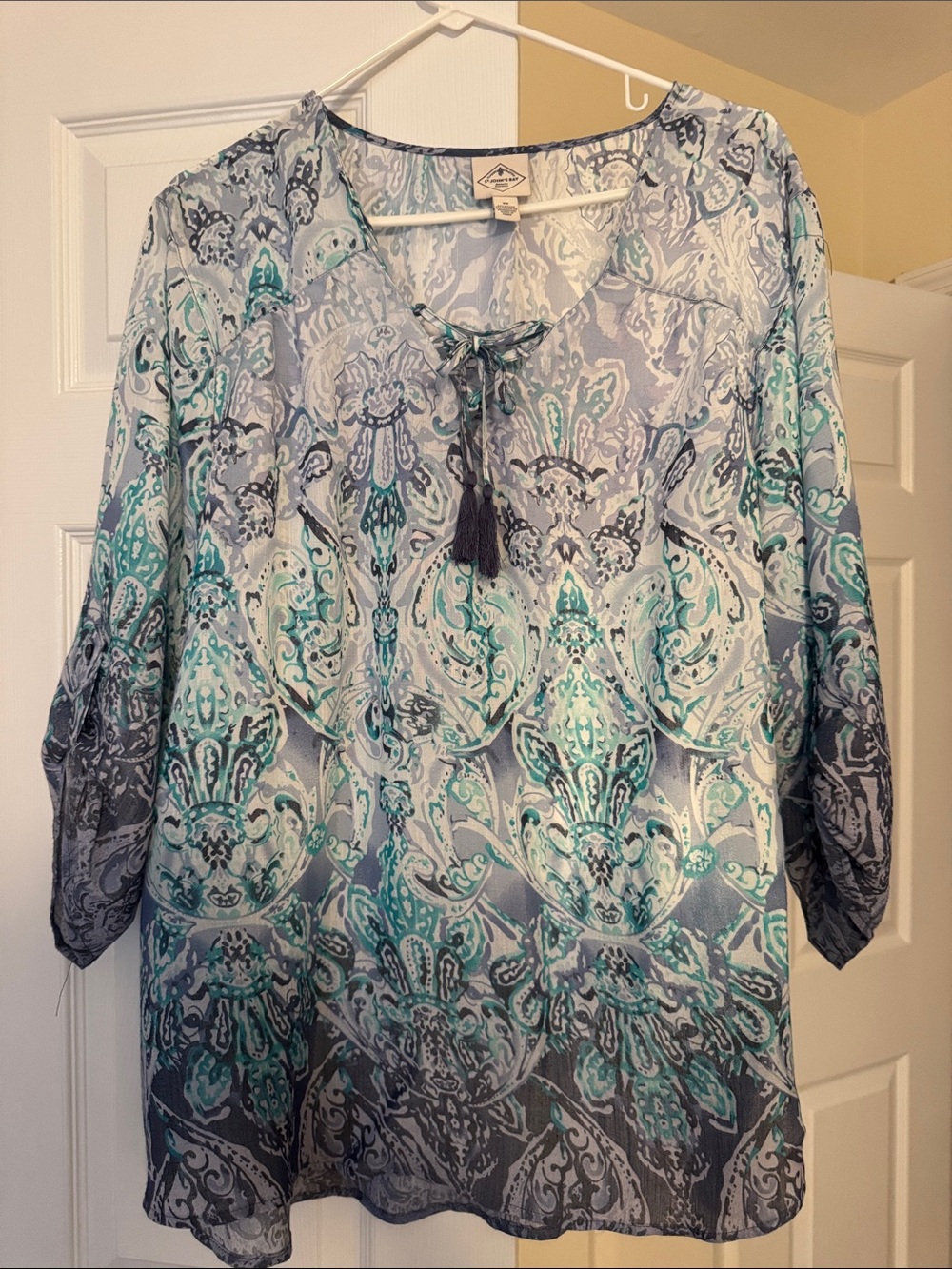 St. John's Bay Blue and Teal Paisley Tassel Tie Blouse
